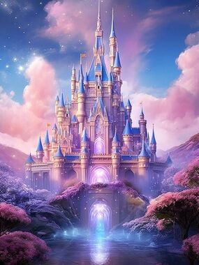 Pink and Blue Fantasy Castle Wall Art Print for Kids
